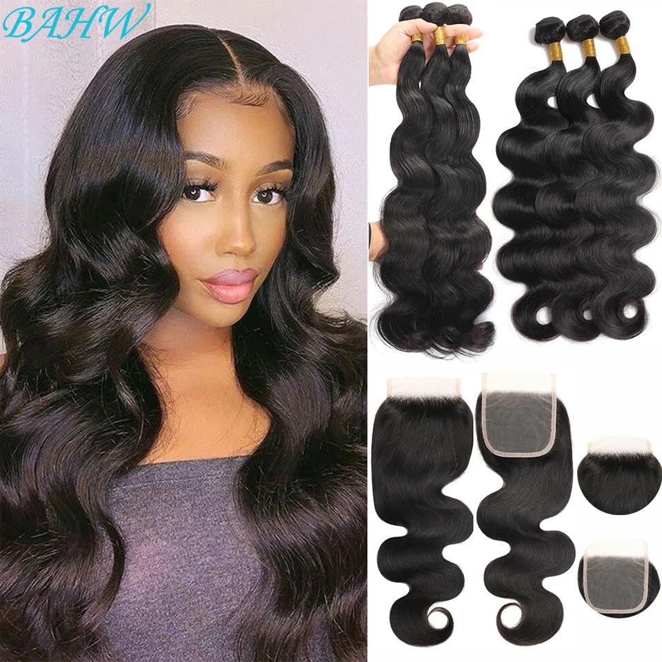 

BAHW Indian Body Wave Bundles With Closure 100% Human Hair Bundles 4x4 Lace Closure With Baby Hair Remy Hair Weave Natural Color