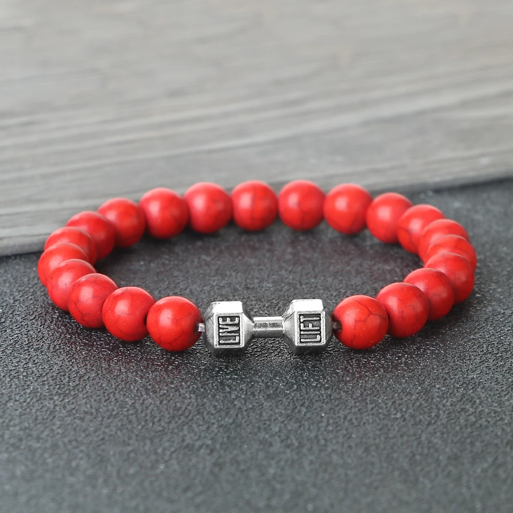 Bracciale Uomo In Pietre Naturali Di Lava Nera 8mm – Braccialetto Sportivo Con Perline E Manubri, Elastico, Ideale Per Fitness E Palabestra, Gioiello Alla Moda Con Confezione Regalo