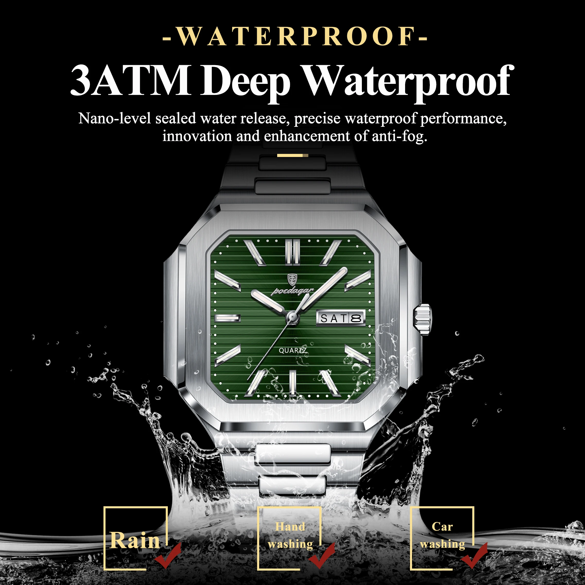 Original Square Man Watch Waterproof Luminous Date Week Fashion Men Clock Stainless Steel Business Men's Quartz Watches_voghion.com