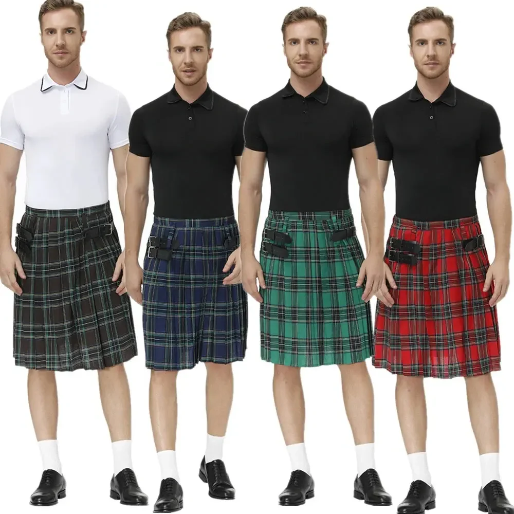 Gothic Men Scozia Kilt Tradizionale Plaid Mens Gonna Cintura Pieghettata Catena Bilaterale Punk Hip-Hop Avant Garde Gonne Scozzesi