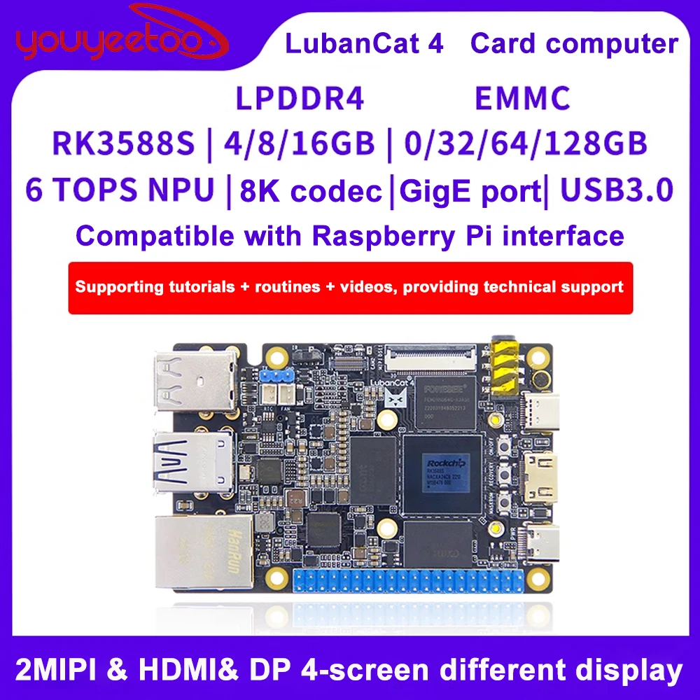 

Макетная плата luбанкat RK3588S, 4 карты, компьютерный Rockchip RK3588S, гигабитный сетевой порт, 16 ГБ ОЗУ, 128 ГБ Emmc, заменяет Raspberry Pi