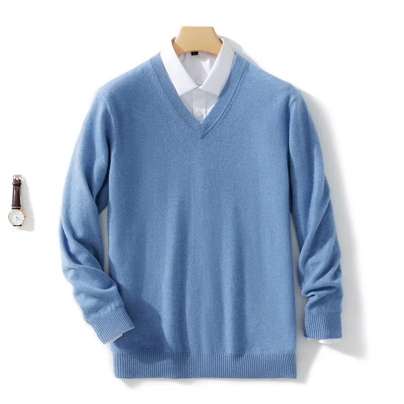 Wool Sweater Men's Autumn Winter V-Neck Pullovers Business Casual Base Shirt Knit High-Grade Cashmere Warm Male Jumper