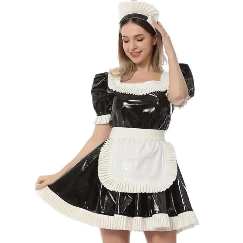 

French Sexy Adult Customized Fetishist Crossdressing Sissy Black PVC Square Neck Large Neckline Independent Apron Dress