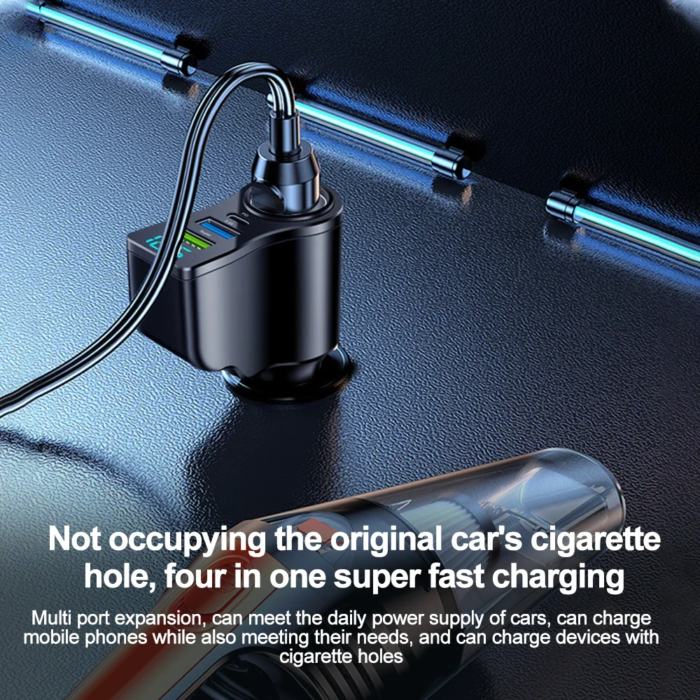 High-Speed 4-in-1 66W Car Charger with Voltage Display and Dual USB Ports