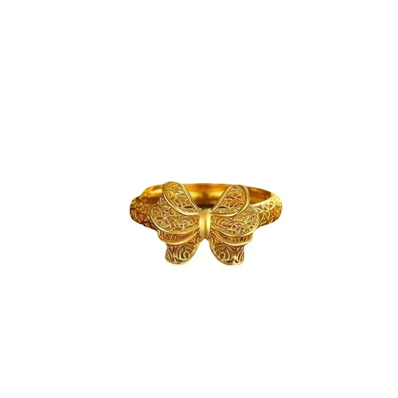 Advanced AU999 Gold Ring Silk Bow Necklace Women's AU750 Hollow Bow Earrings 24K Ring Real Gold Goddess Jewelry