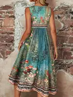 Robe Bohème Florale Sans Manches pour Femme, Imprimé Turquoise Vintage, Col Rond, Taille Haute, Coupe Évasée, Longueur Midi 4