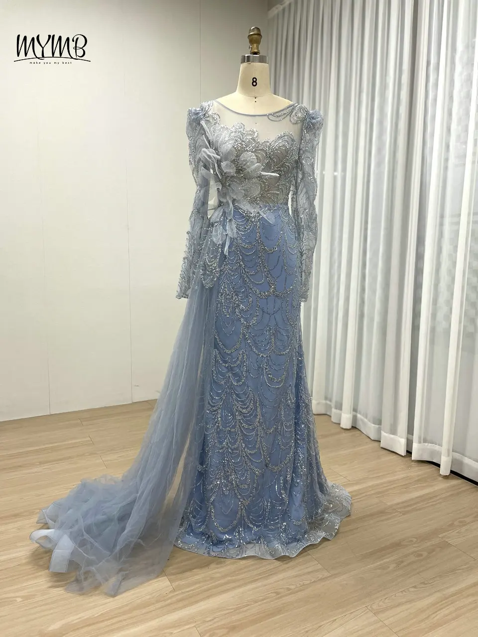 MYMB Elegantes Langarm-Abendkleid für Hochzeit, Party, muslimischer Luxus, Perlen, 3D-Blumenmuster, Meerjungfrau, Kleid für die Brautmutter MB40288 – Detail 14