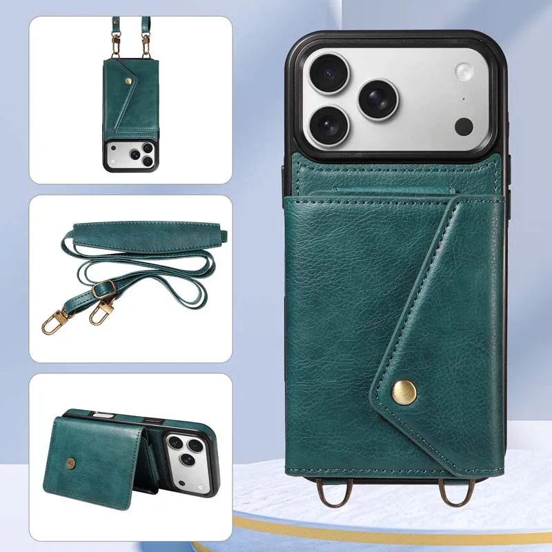 Elegant Leather Crossbody Phone Case with Wallet and Card Slots – Fashionable Long Lanyard Design