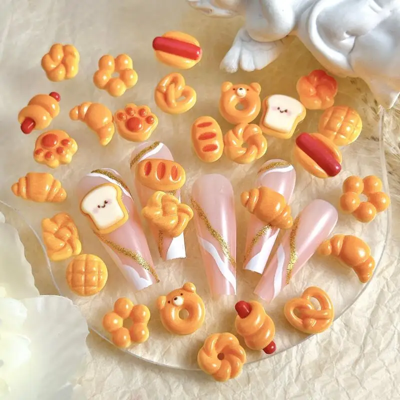 30PCS Nette Kreative Wurst Brot Nail art Dekorationen Simulierte Smiley Toast Katze Pfote Brot Dessert Serie Nagel Charms DIY nägel – Detail 2