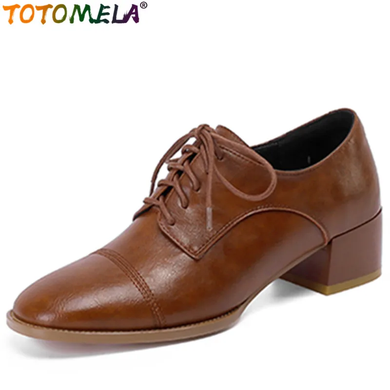 

TOTOMELA 2022 Size 33-42 New Lace Up Retro Genuine Leather Women Shoes Square Med Heels Pumps Ladies Dress Shoes