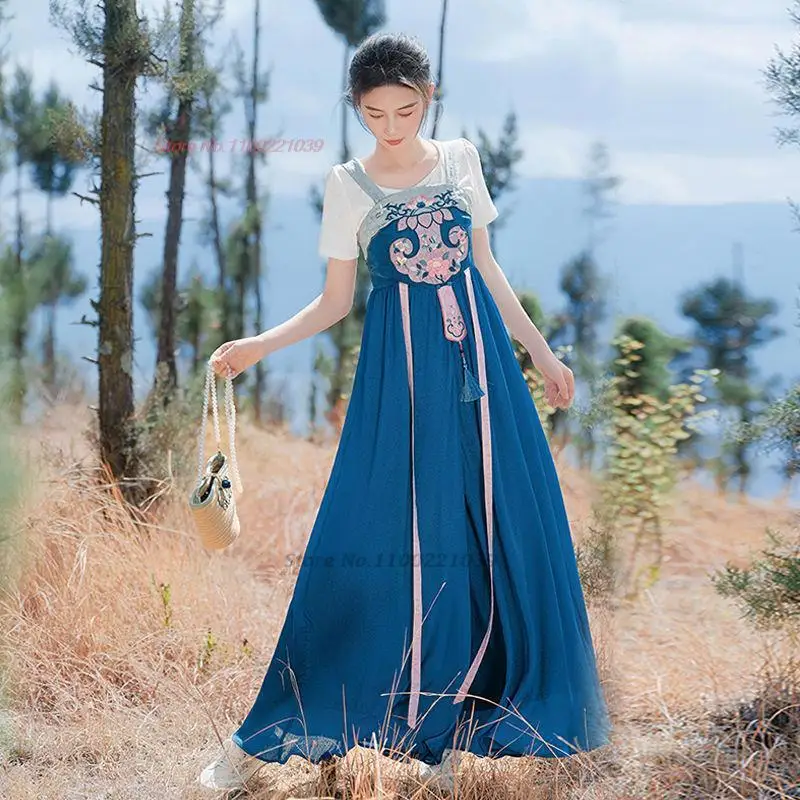 

2024 chinese traditional hanfu fairy chiffon dress national flower embroidery sleeveless dress elegant stage performence wear