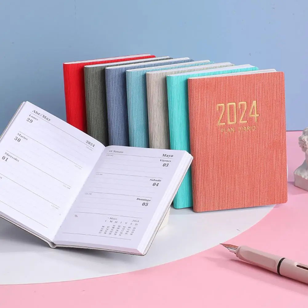 A7 2024 English Planner 2024 A7 Mini Journal Faux Leather Hardcover Ink-proof Paper 180 Pages Student Supplies for Pocket Diary