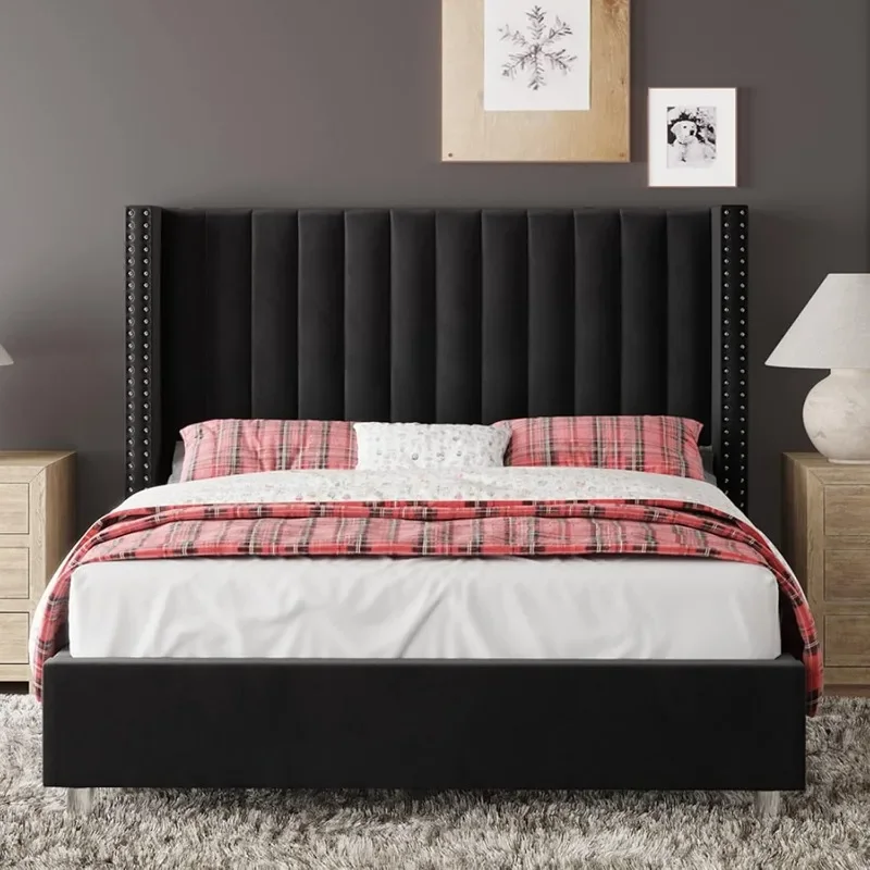Description Picture 4 of itemQueen Size Bed Frame Upholstered Platform Bed with Tall Headboard Wingback Velvet Vertical Channel Tufted Easy Assembly Black