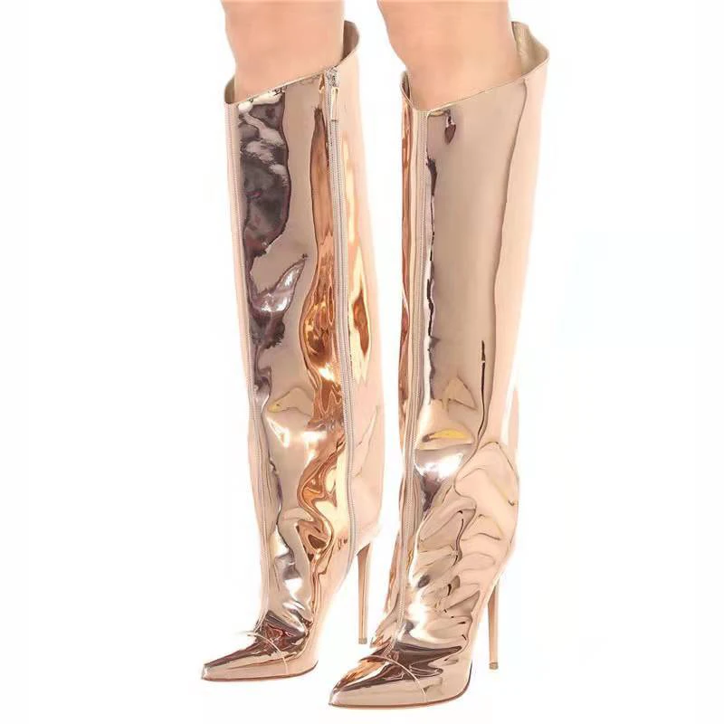 

2022 Metallic Sheen Mirror Leather Knee-Length Boots Women Sexy Pointed Toe Stiletto Heels Fashion Catwalk Party Wedding Shoes