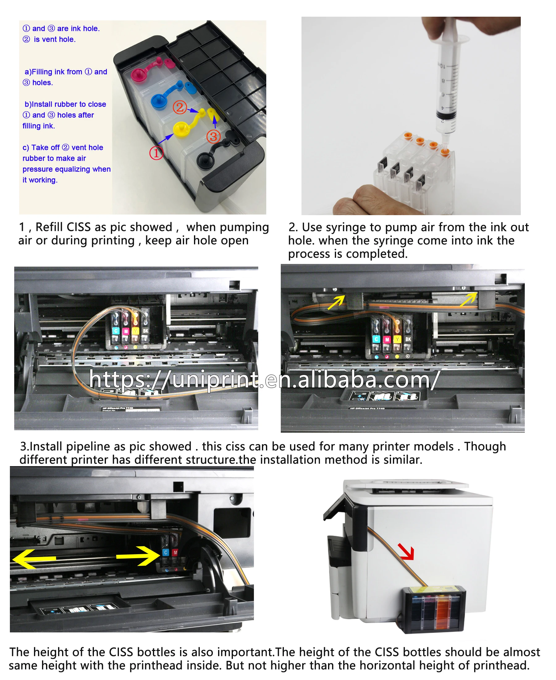 HP Officejet Pro 8730 8740 8735 8715 8720 7720 7730 7740 프린터 용 HP952 HP953 hp954 용 빈 CISS 잉크 공급 시스템