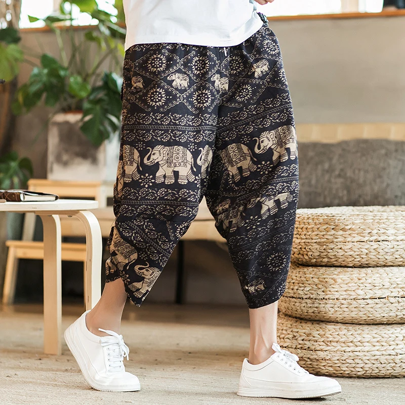 Harajuku Summer Loose Calf Length Casual Pants Men Wide Leg Cotton Linen Printing Baggy Pants Oversize Men's Trousers - Image 6