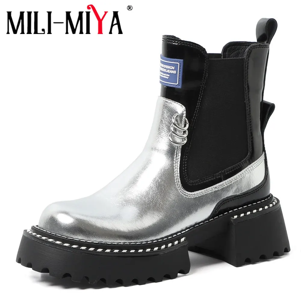 

MILI-MIYA New Arrival Women Full Genuine Leather Ankle Boots Round Toe Metal Decoration Thick Heels Slip On Handmade For Ladies