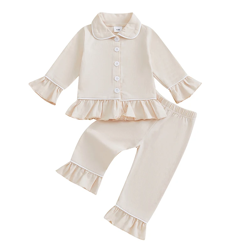 Pudcoco Kleinkind Kinder Baby Mädchen 2PCS Pyjama Sets Langarm Revers Rüschen Trim Button Up Hemd Hosen Nachtwäsche 0-6Y – Detail 7