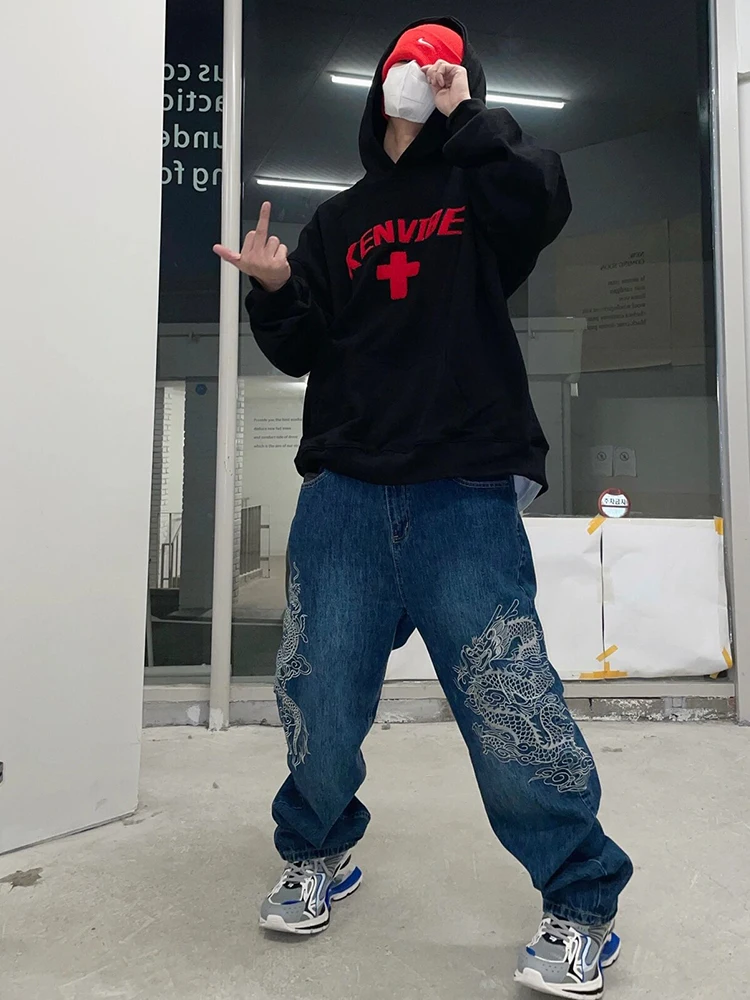 REDDACHiC Hiphop Men Dragon Baggy Jeans Blue Wash Straight Wide Leg Pants Embroidered Casual Pants Retro Y2k Harajuku Streetwear