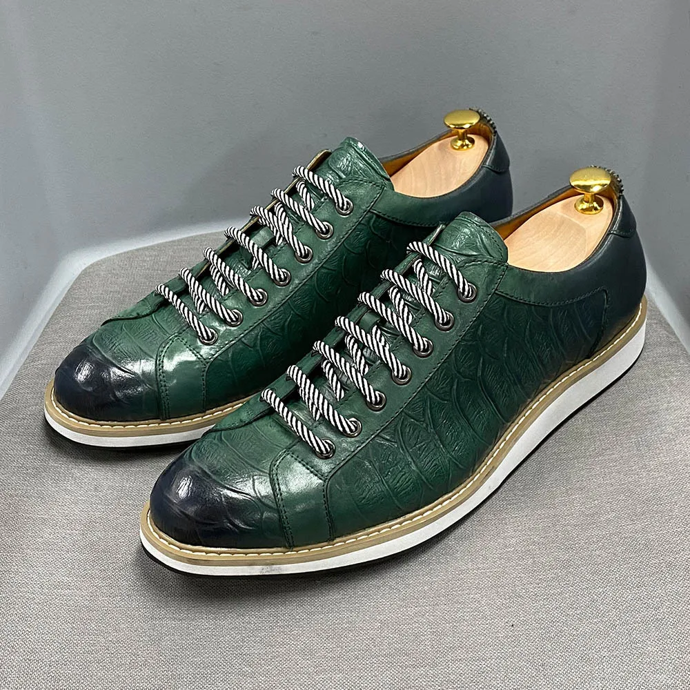 

Casual Leather Shoes Genuine Leather Thick Soles, Daily Single Shoes, Fashionable Crocodile Pattern Embossed Handmade Shoes