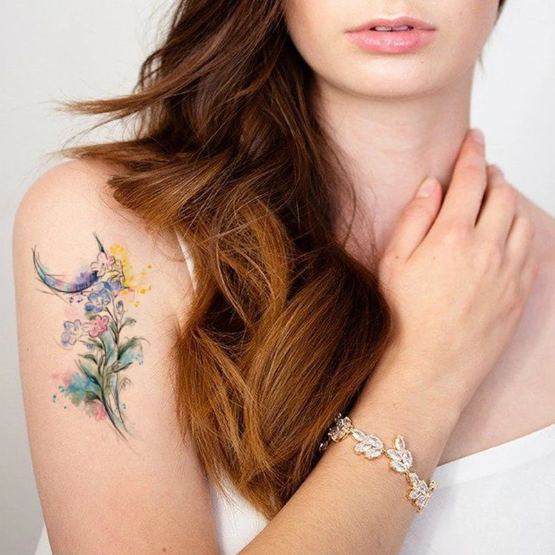 

Watercolor Flower Moon Leaves Waterproof Temporary Tattoo Sticker Colorful Tatto Body Art Neck Arm Foot Girl Women Fake Tatoo