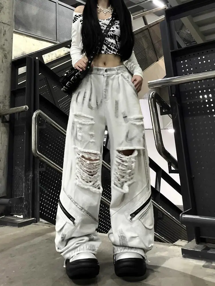 Y2K 2000S White Graffiti Ripped Baggy Stacked Cargo Jeans Pants