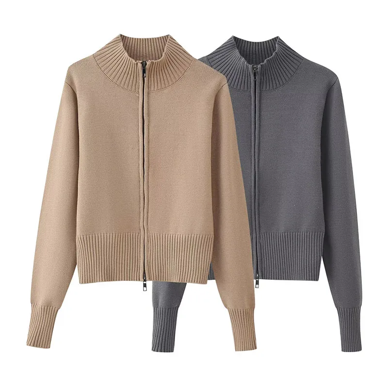 Fashion Knit Women Cardigan Casual Long Sleeve Zipper Stand Pleated Slim Lady Sweater 2025 Autumn Office Female Knitwear Coat