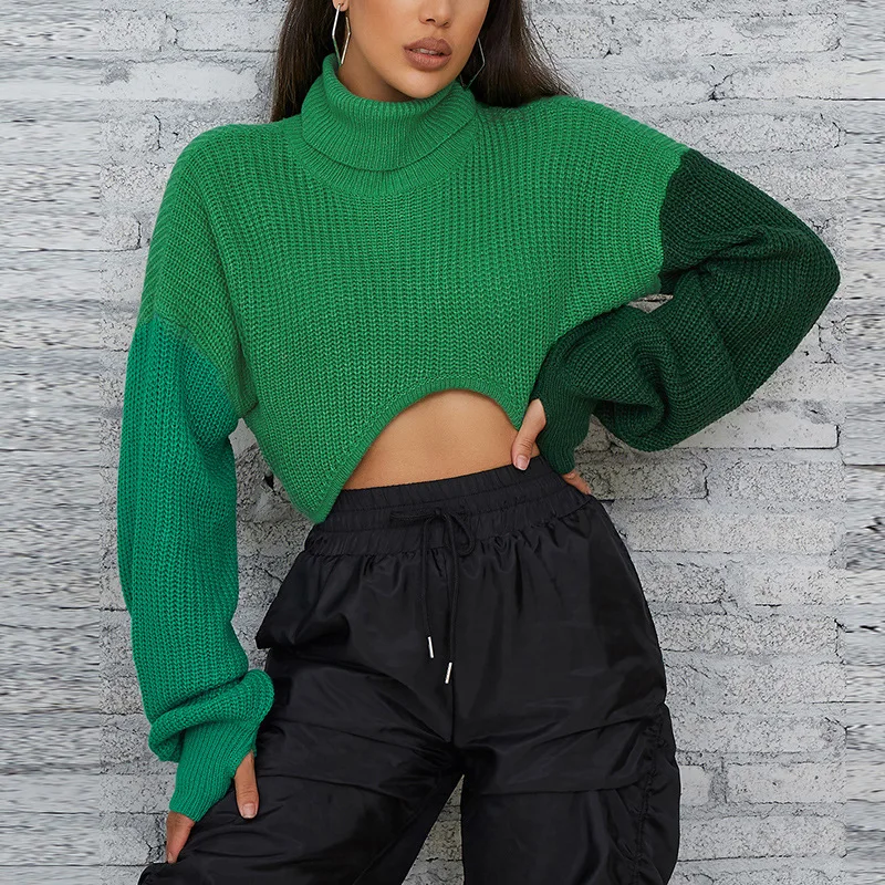 Fashionable Color Block Knitted High Neck Loose Casual Sweater For Street Photography In Autumn