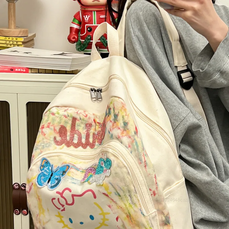 Sanrio Hello Kitty Colorful Graffiti Canvas Bag Cute Girl Versatile High-capacity Backpack Japanese Harajuku Trend Shoulders Bag 2
