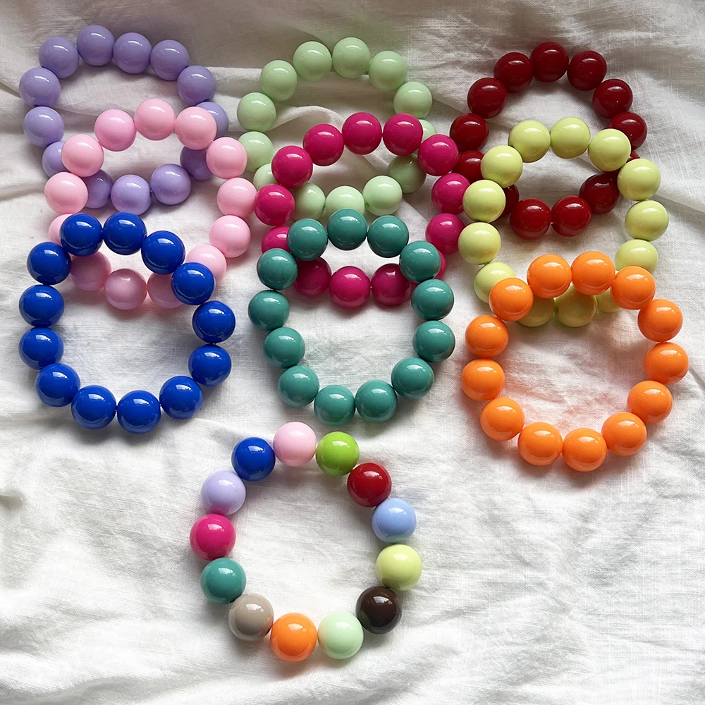 Cute Sweet Colorful Acrylic Big Bead Chunky Bracelet Fluorescent Hand Beaded Simple Bangles Summer Spring Jewelry Accessories 3