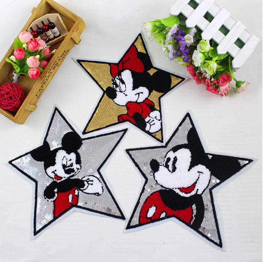 [1 ]cartoon image clothes patch stickers cartoon sequin embroidery five-pointed star Mickey Minnie cloth stickers DIY embroidery