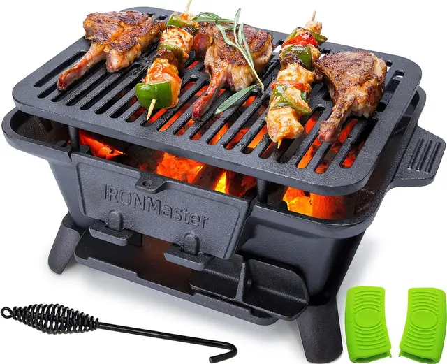 Portable Hibachi Grill, Cast Iron, Charcoal Outdoor Grill with Air Control & Coal Door, Japanese Yakitori Style, 2 Height Settin 1