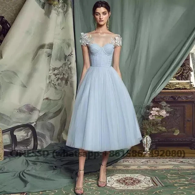 Tulle Powder Blue Tea Length Dress Baby Blue Tulle Midi Corset