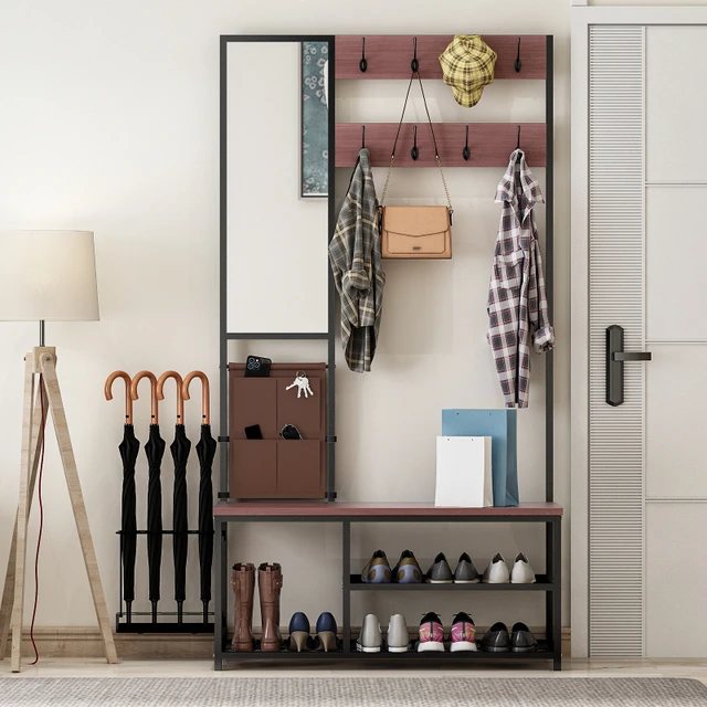 Coat Rack with Shoe Rack , Mirrors ，Hooks, Umbrella Rack ， Storage Bag, and  Small Cute Side Bench