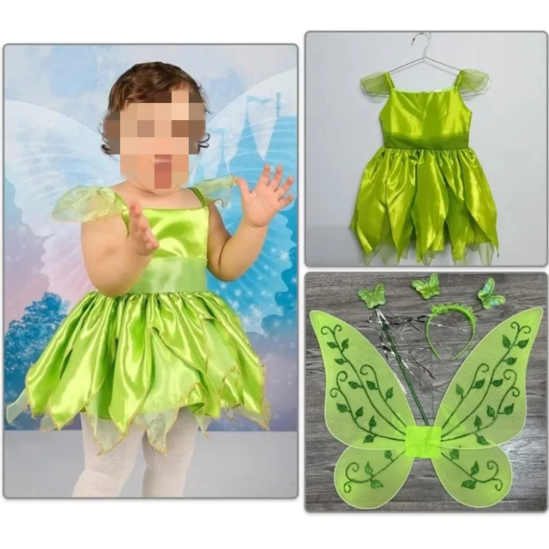 Christmas Fancy Dress Up Costumes Angel Flower Elves Tinkerbell Dress For Girls Green Halloween Kids Cosplay Princess Ball Gown