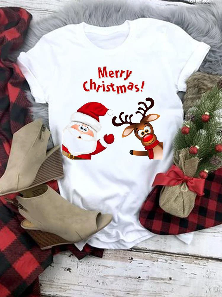 

women tshirt Sweet Winter Clothing T Merry Christmas Print Short Sleeve Graphic Tee New Year Women Fashion Female Casual T-shirt
