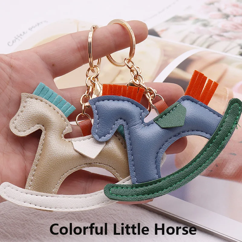 

Leather Horse Keychain 2024 Cartoon Pony Animal Cute Women Bag Charms Rocking Horses Pendant Key Ring