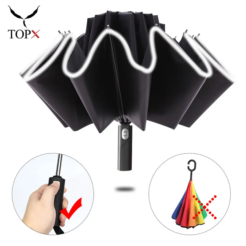 Portable Automatic Folding Umbrella Men Women WindResistant Reflective Stripe Gift Sun Reverse Umbrella