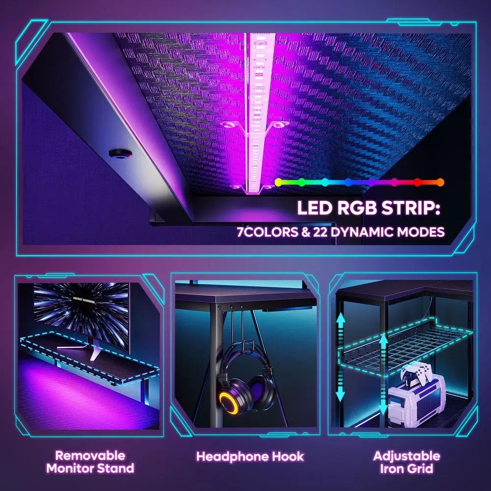 48 Inch L Shaped Gaming Desk with LED Lights Power Outlets Monitor Stand Reversible Shelves Adjustable Height Durable Carbon 4