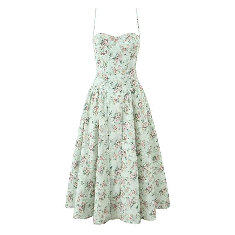 YENKYE Green Floral Print Sexy Spaghetti Straps Dress Women Low Waist A-line Midi Holiday Summer Dresses Party Robe 2025 Vestido 2