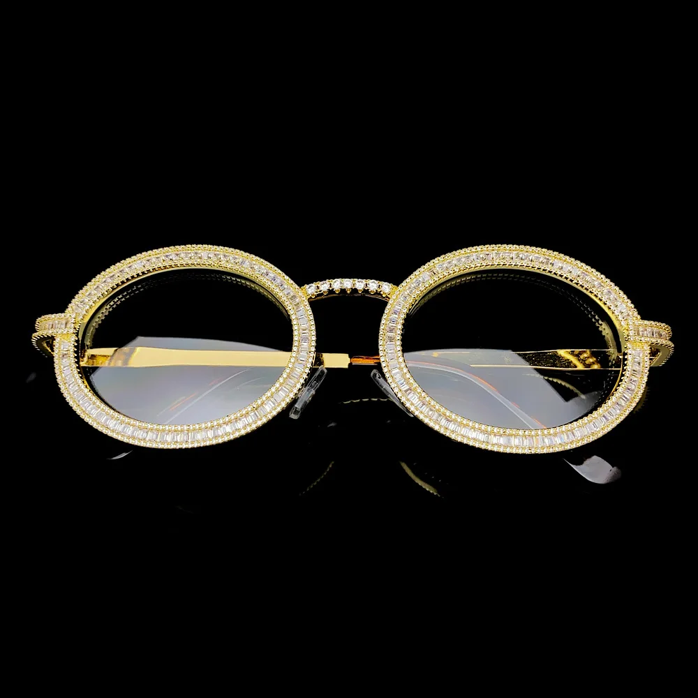 Hiphop Iced Out 5A Zircon Sun Glasses New Luxury Transparent Clear Lens Women Men 14k Gold Plated CZ Oval Sunglasses Frame Rock