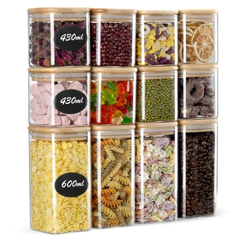 12Pcs Square Glass Food Storage Jars 430ml/600ml Bamboo Lid Transparent Sealed Stackable Canisters for Kitchen Organization 1