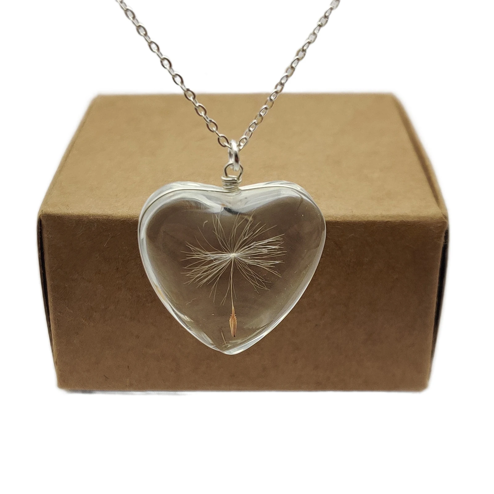 Dandelion Make a Wish Heart Glass Love Pendant Sterling Silver Color Chain Necklace Women Choker Boho Fashion Jewelry Handmade