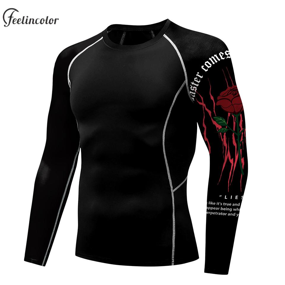 Long Sleeve Shirt for Men Crewneck T Shirt Fitness Tee Tight Elasticity Gothic Pattern Summer Outfit Quick Drying Male Clothing