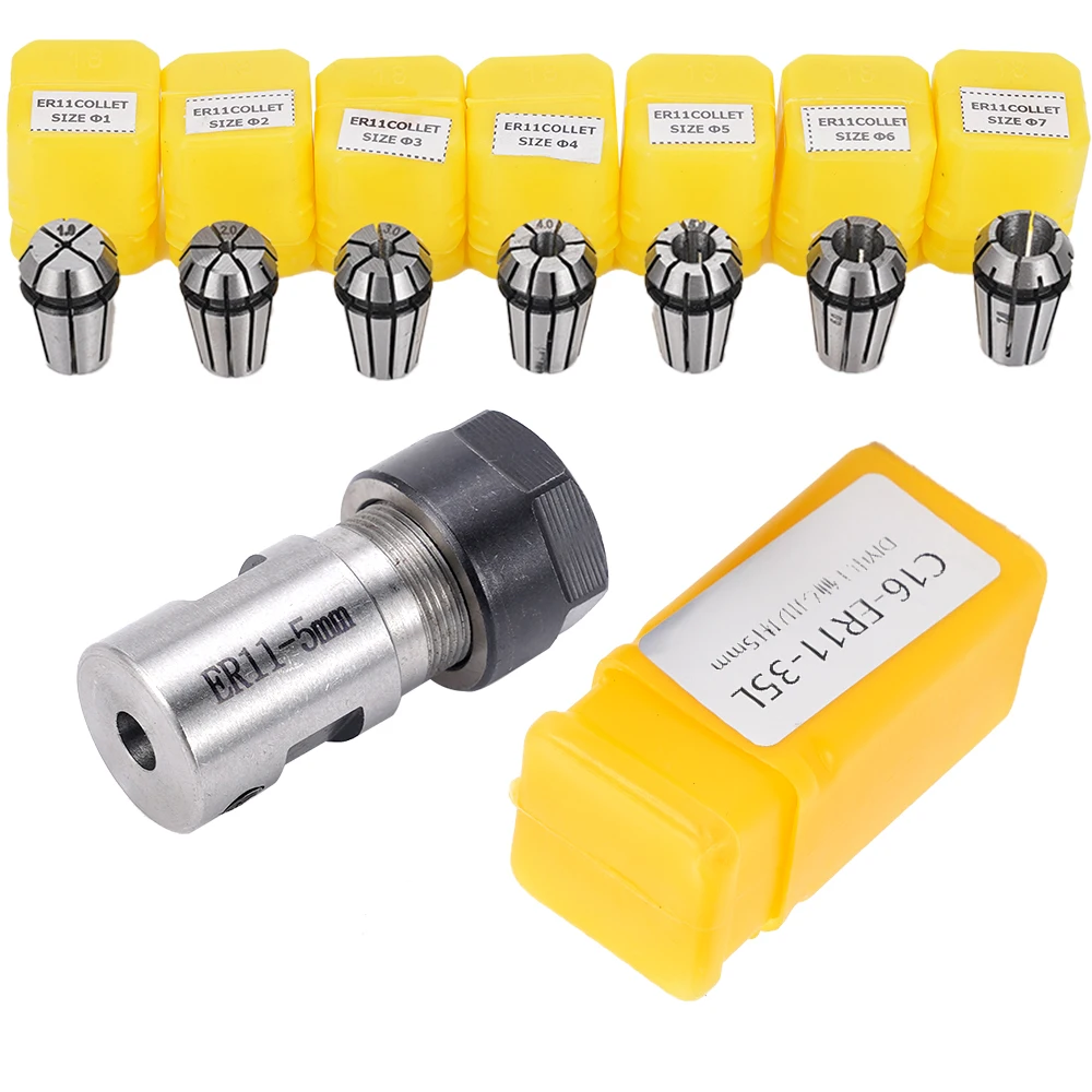 ER11A 5mm Motor Unner Diameter Extension Rod +7x 1mm-7mm ER11 Milling Spring Chuck Shaft Holder for CNC Lathe Engraving 8Pcs/Set