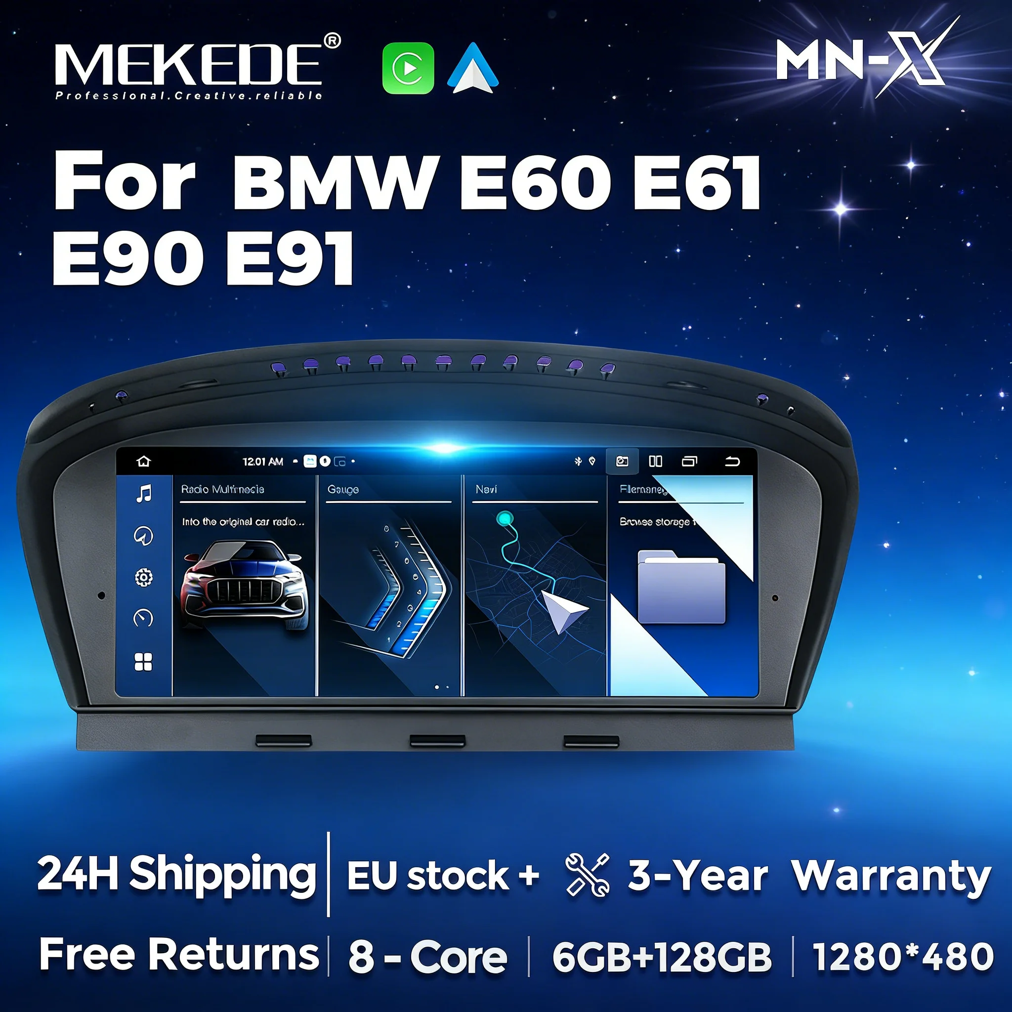 MEKEDE Autoradio-Stereo-Player für BMW 3er Serie E60 E61 E63 E64 5er Serie E90 E91 E92 E93 CCC CIC Kabelloses CarPlay Auto WIFI 4G