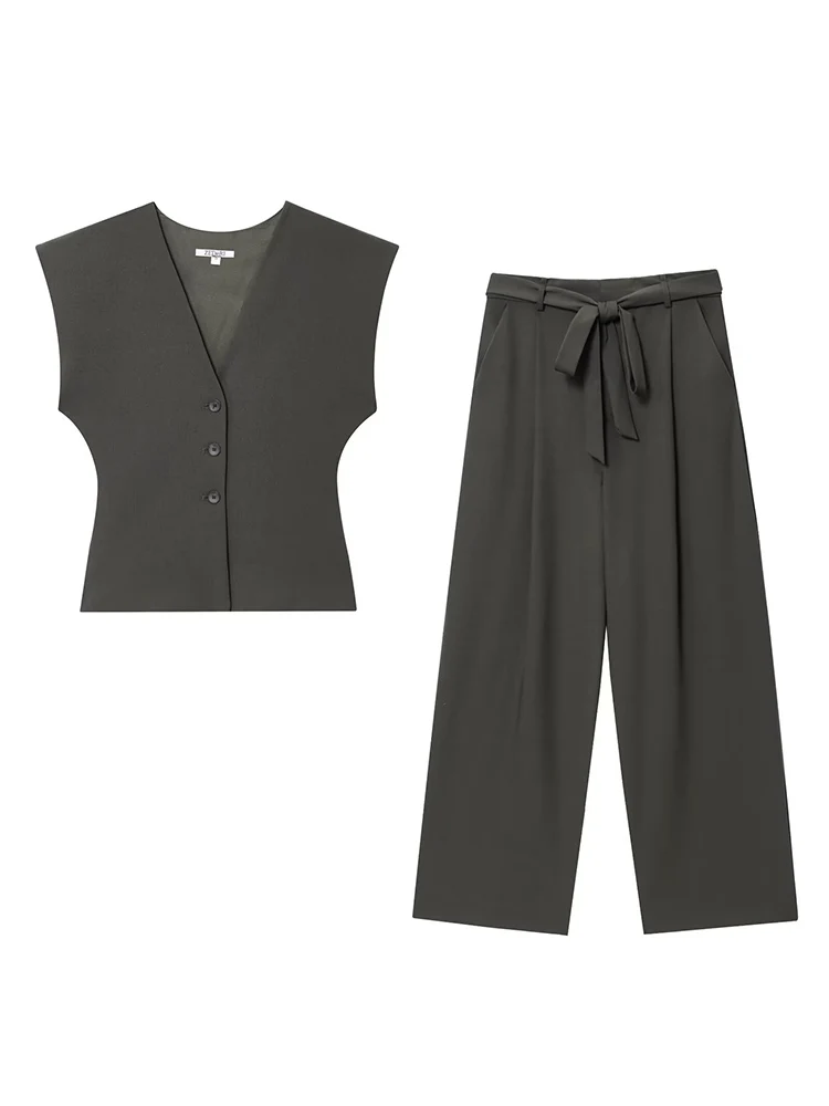 Elegant Chic Belt Pant Set With Women V-Neck Slim Sleeveless Vest Straight Pants 2025 Autumn Fashion Leisure Commute Lady Set