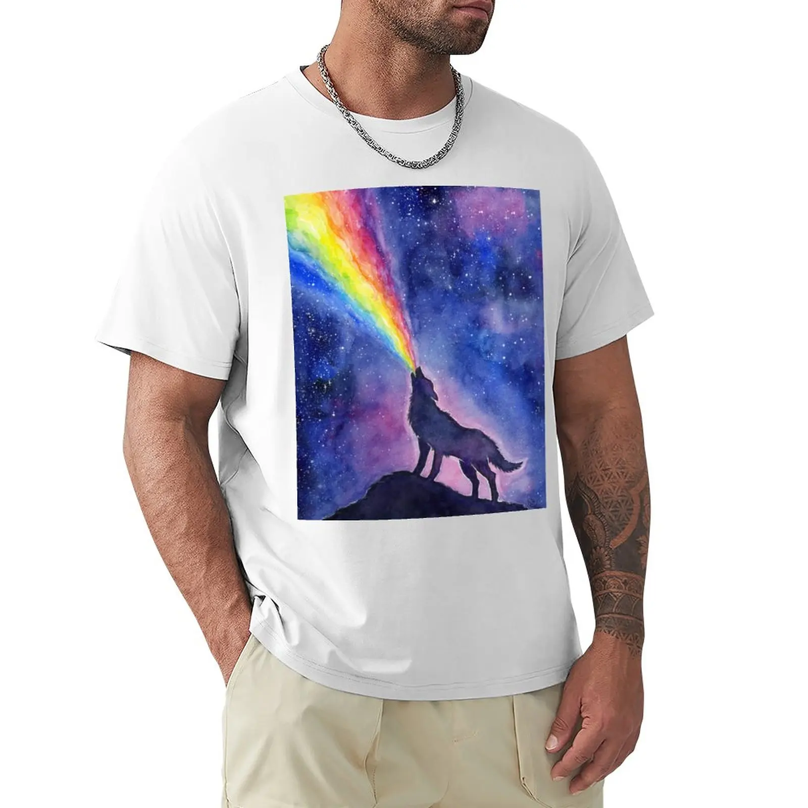 Wolf Howling Rainbow In Space T-Shirt Blanks Sweat For A Boy Men Clothing