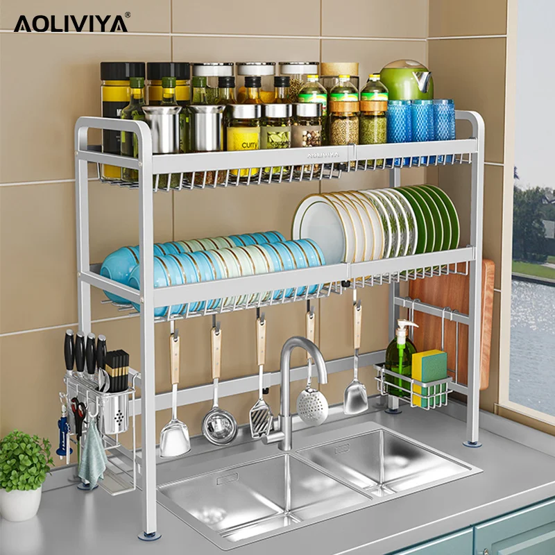 

AOLIVIYA Kitchen 304 Stainless Steel Shelf Above The Sink Dish Storage Rack Set Seasoning Tableware Drain Plate Organizer