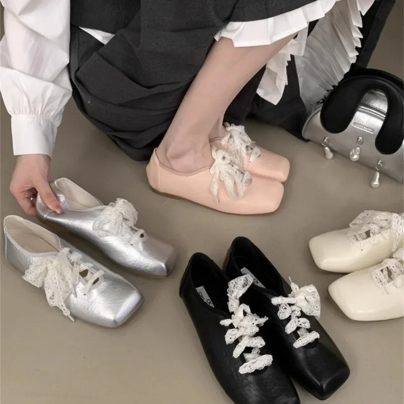 Women's Flat Shoes Lace Square Toe Soft Leather Surface Shoes for Women Dress Autumn Spring Sweet Cool New Zapatillas De Mujer 3